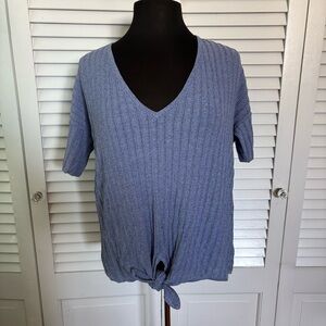 Blue V-Neck Tie-Front Ribbed Short Sleeve Top